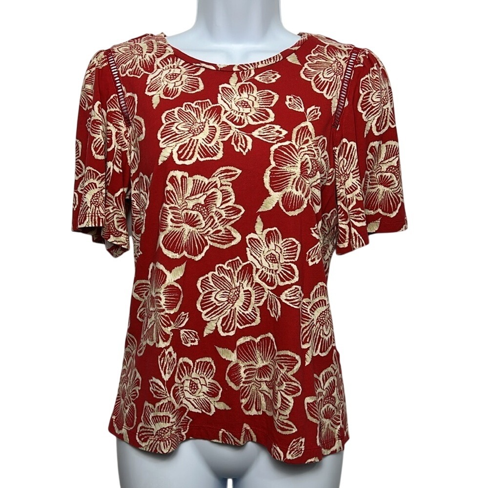 Nautica Jeans women's floral-print short-sleeve top  crochet‎ trim at the cuffs